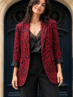 Ruti Red Leopard Print Oversized Blazer Jacket Size 4 Statement Piece
